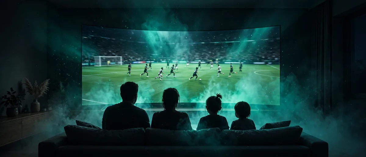 Match night — a family watching a soccer match on a giant curved screen